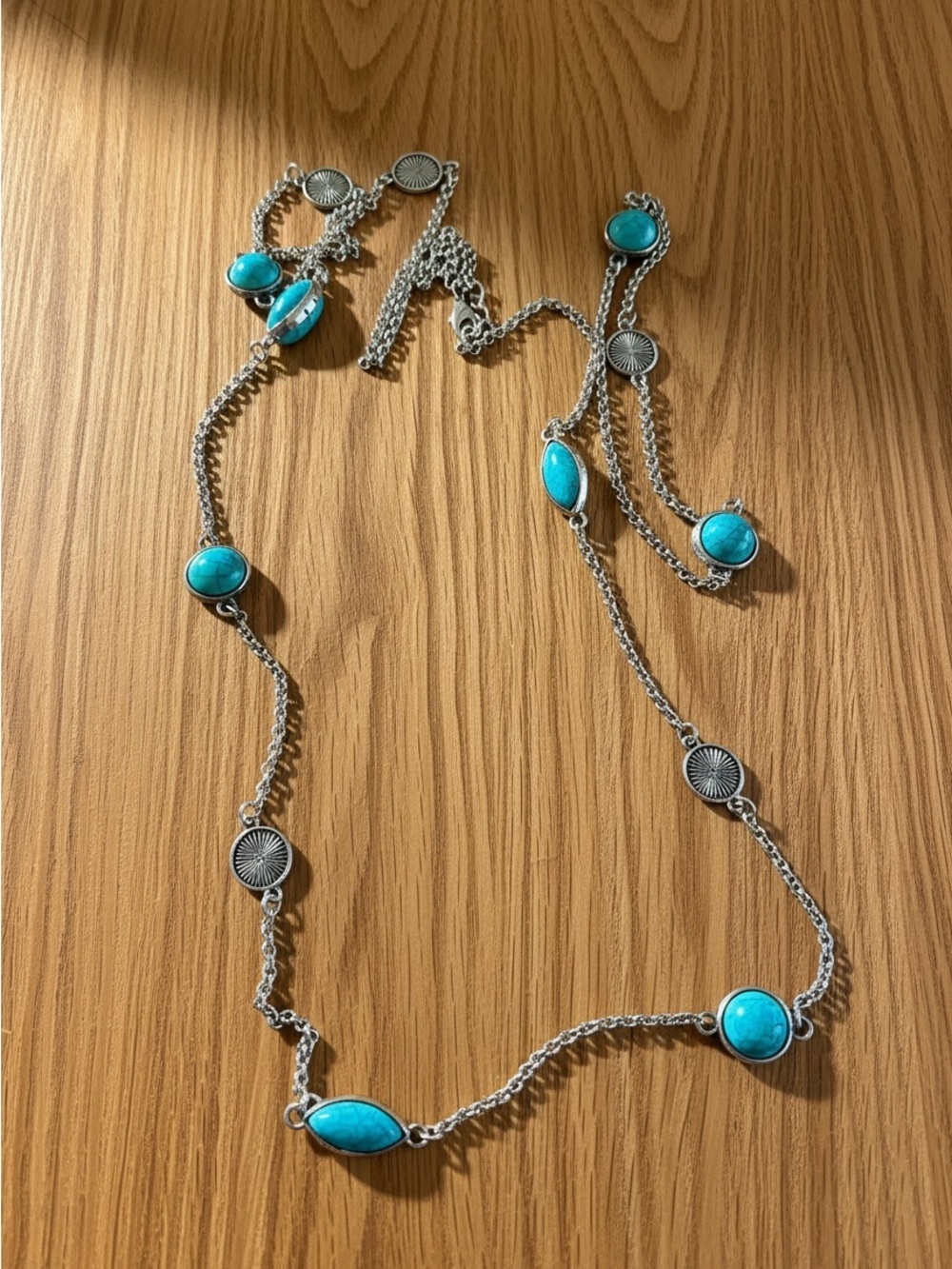 Boho Faux Turquoise Silver Station Long Strand Necklace